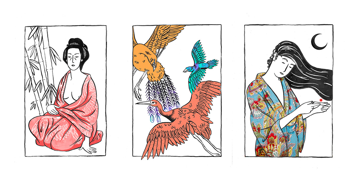 japan siesta geisha girl hand draw ink texture clothes birds Aron crow eagle