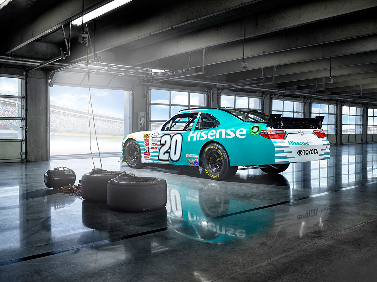 Hisense NASCAR studio car motorsports burnout denny hamlin garage racetrack track Charlotte