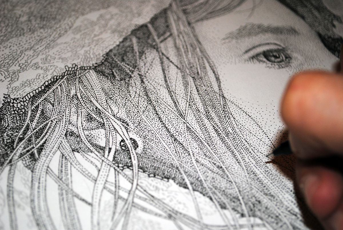 stippling black ink ink paper draw childhood Pointillism dots conceptual allegory portrait BrooklynCreates
