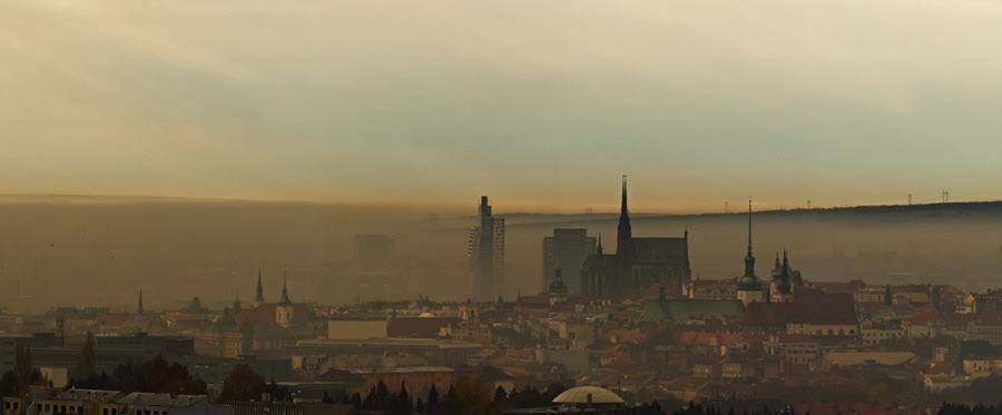 panorama wide horizon landscape strip horizontal narrow city town smog pollution polluted environment sustainabilty dirty urban buildings silhouettes fog mist document brno