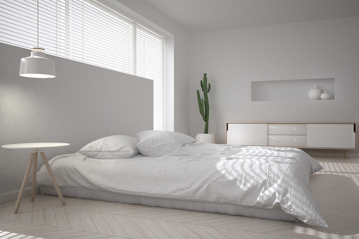 3D Render rendering CGI cg art White bedroom minimal Scandinavian interior design 