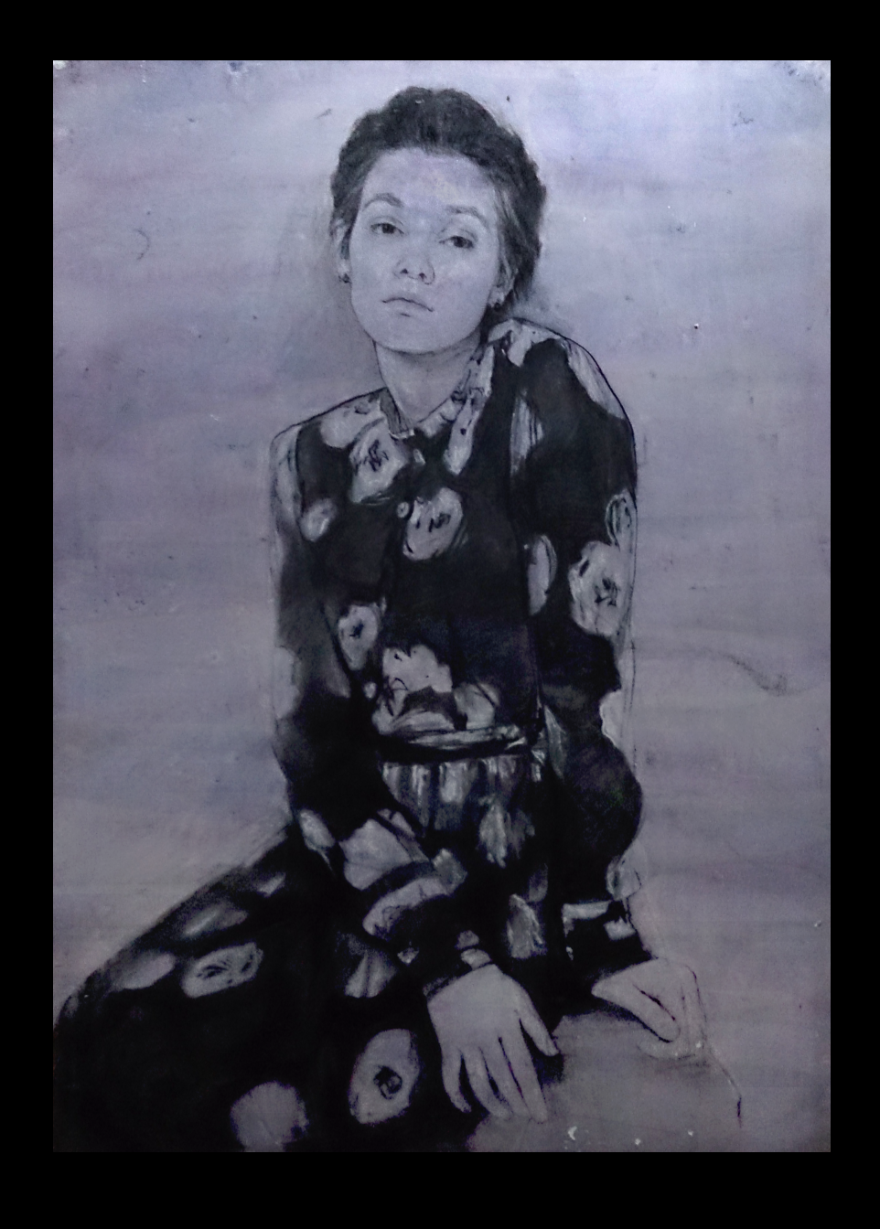 charcoal Drawing  sketch artwork pencil portrait woman Flowers pattern pecil drawing