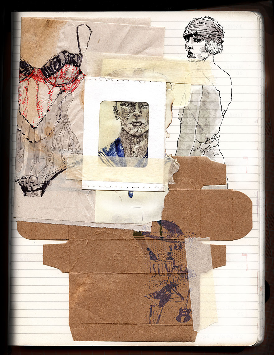 moleskine hand-drawn sketchbook collage people illustrated