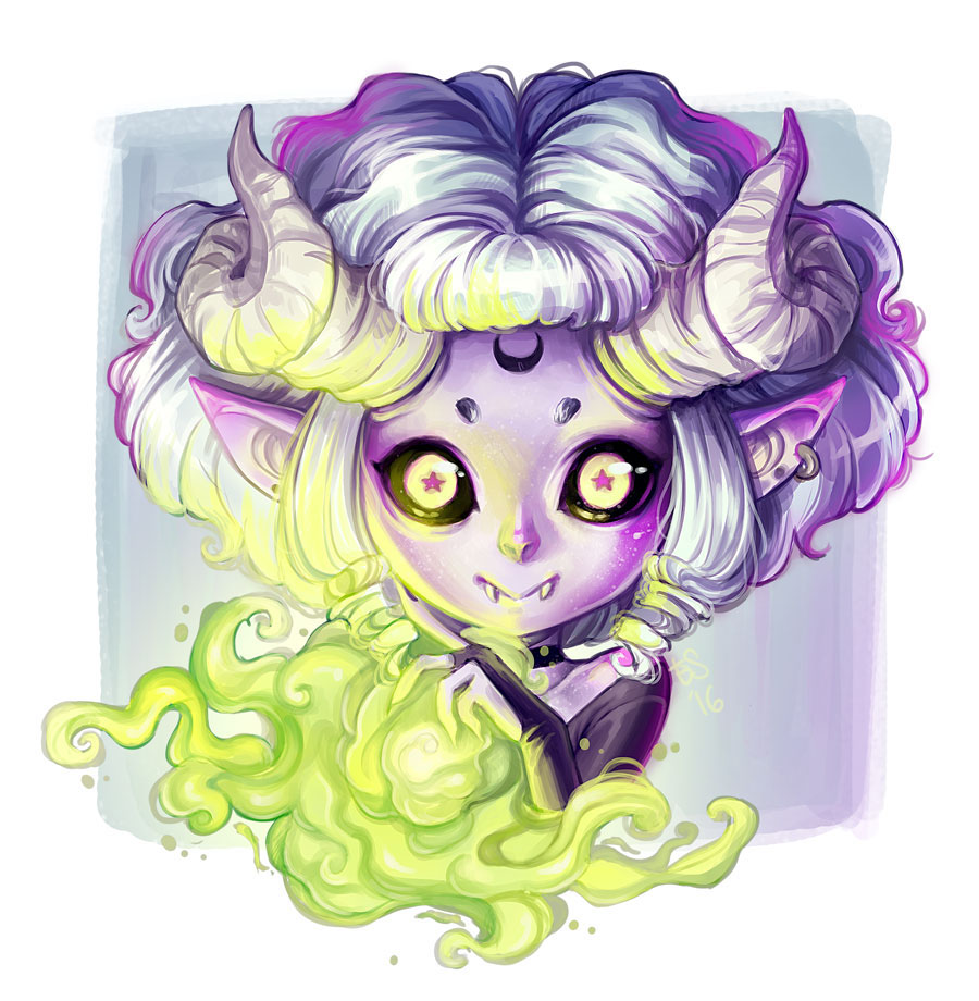 demon oni cute kawaii green purple girl fantasy creature