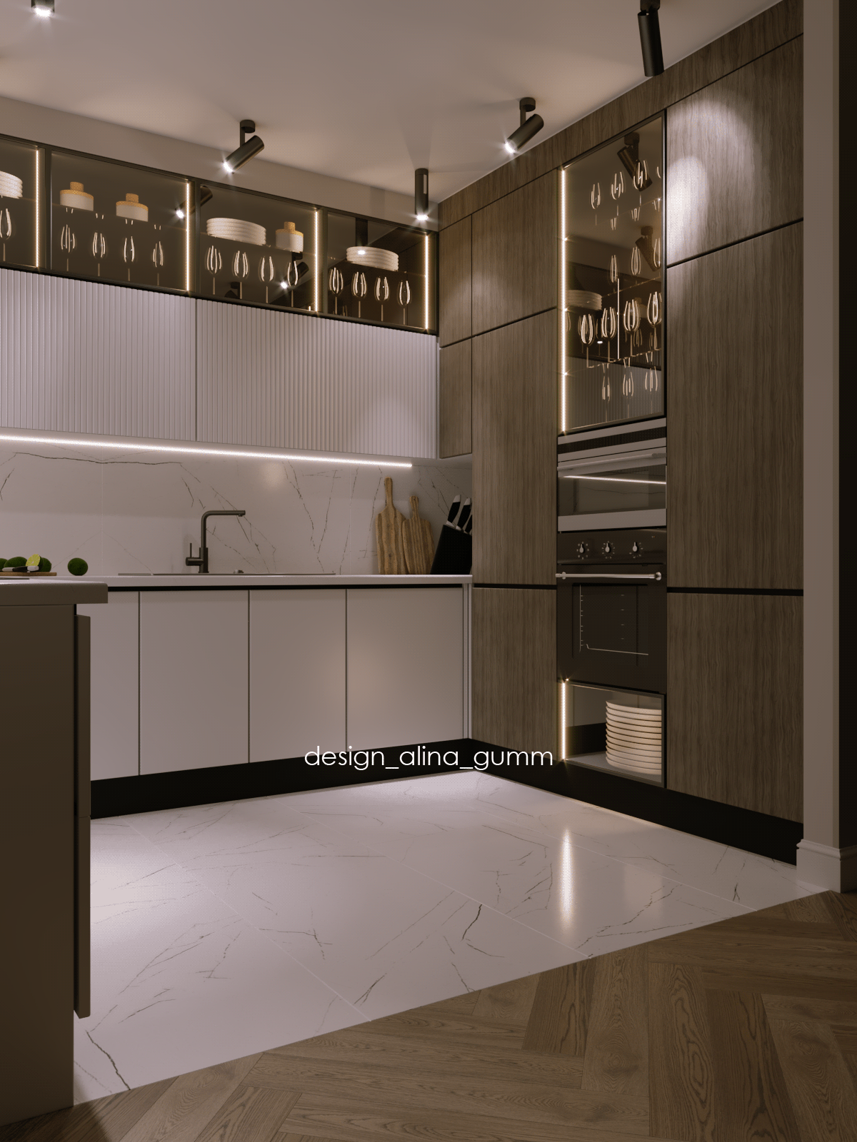 Витрины дизайн дома Дизайн квартиры дизайн кухни  минимализм паркет елочка профильные ручки современный интерьер уфа шпон