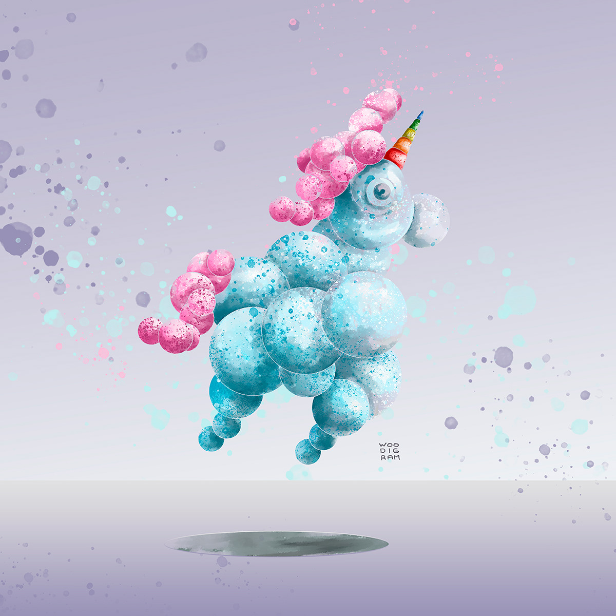 woodigram unicorn blue roze bubbles rainbow art