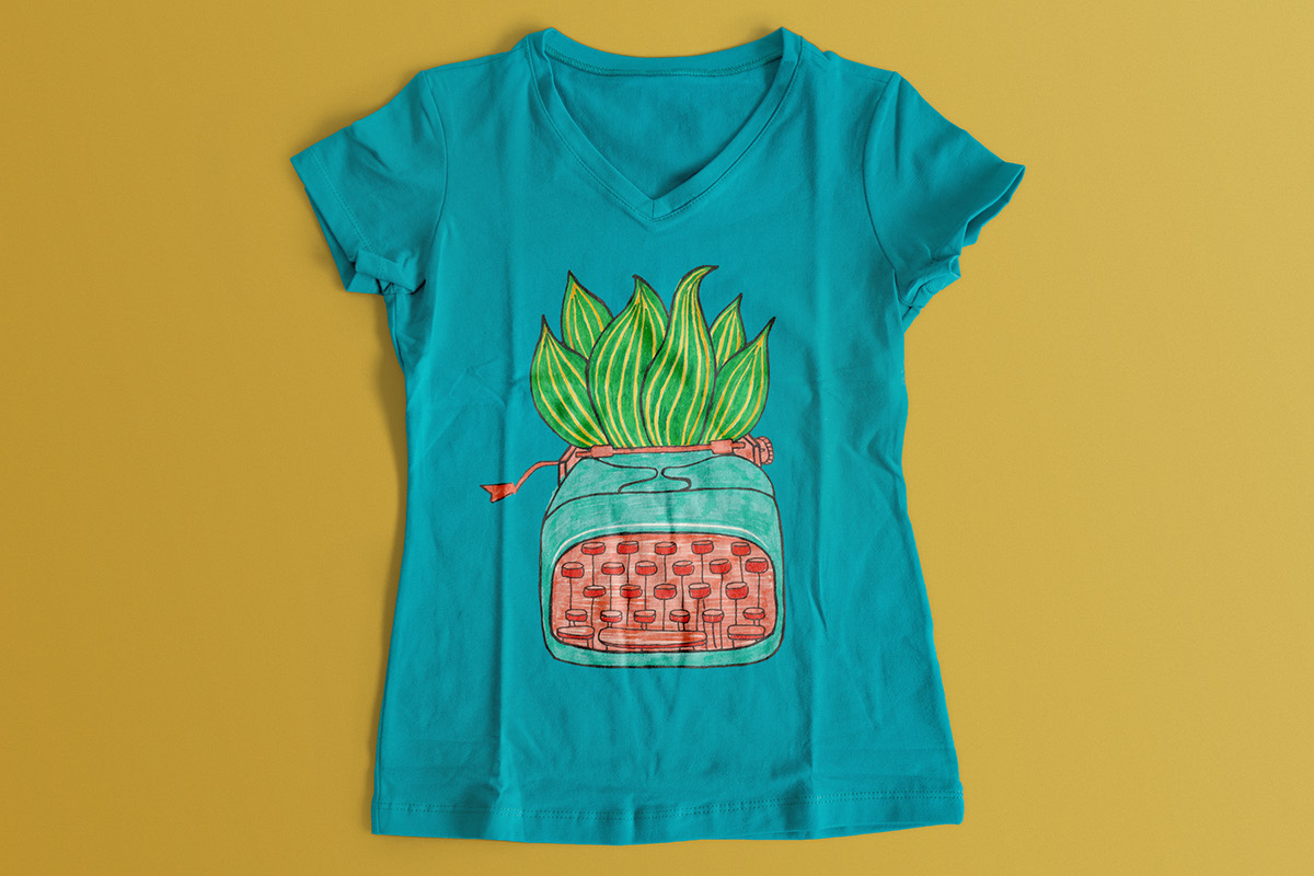 t-shirt sketch Flowers girl Vase cactus textile clothes