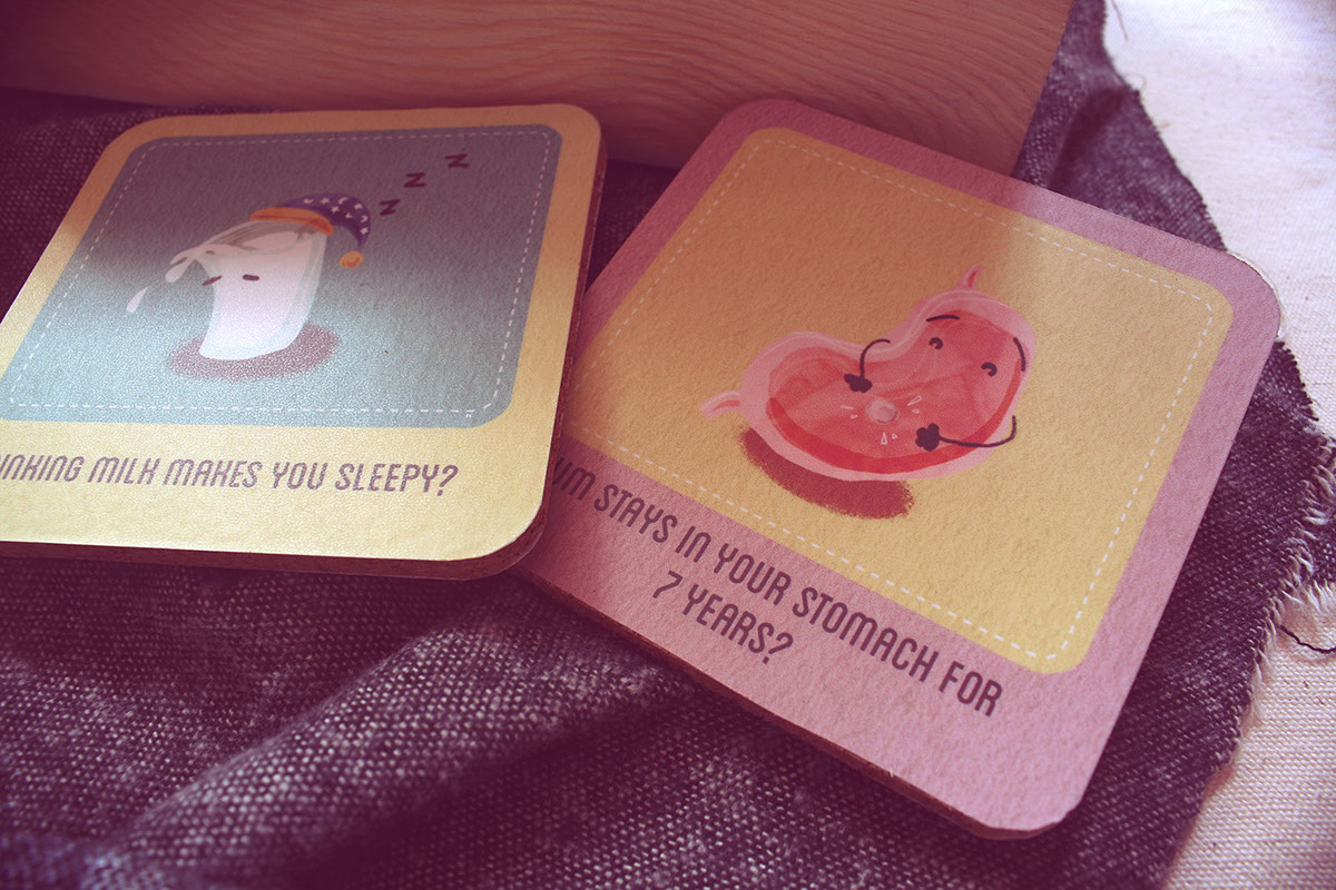 medical Health infographic Coasters cute Character myths square chocolate milk stomach dog apple bread