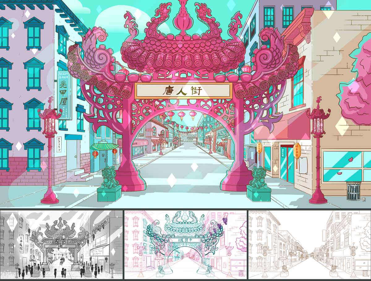 china town Guardian lion concept art Visual Development chinese new year comic dragons School Bus