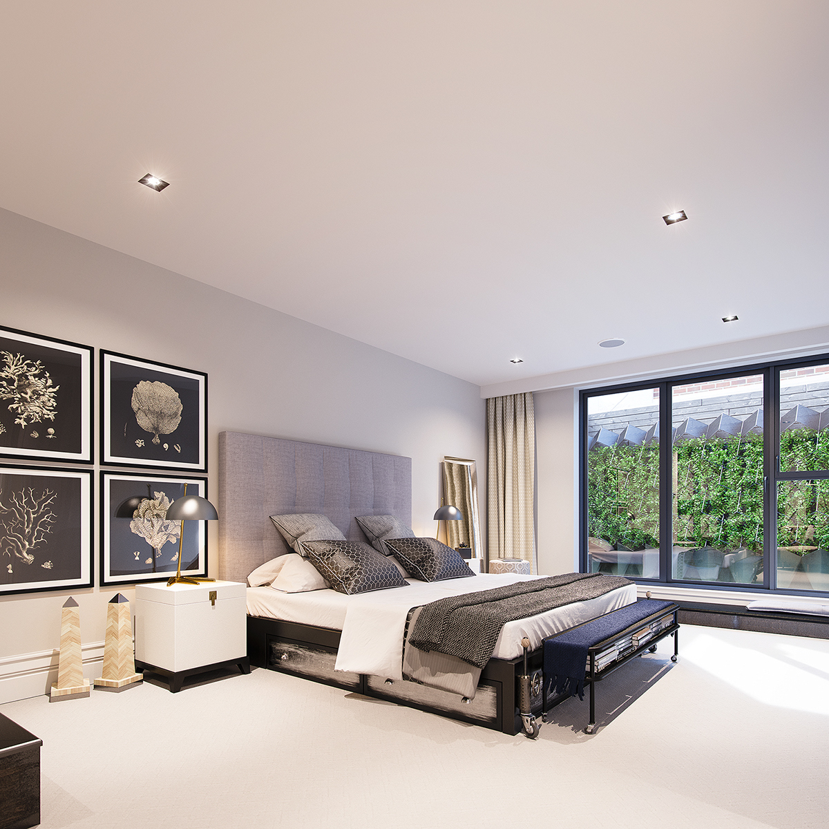 Interior 3D penthouse home bedroom bed rendering balcony design modern London