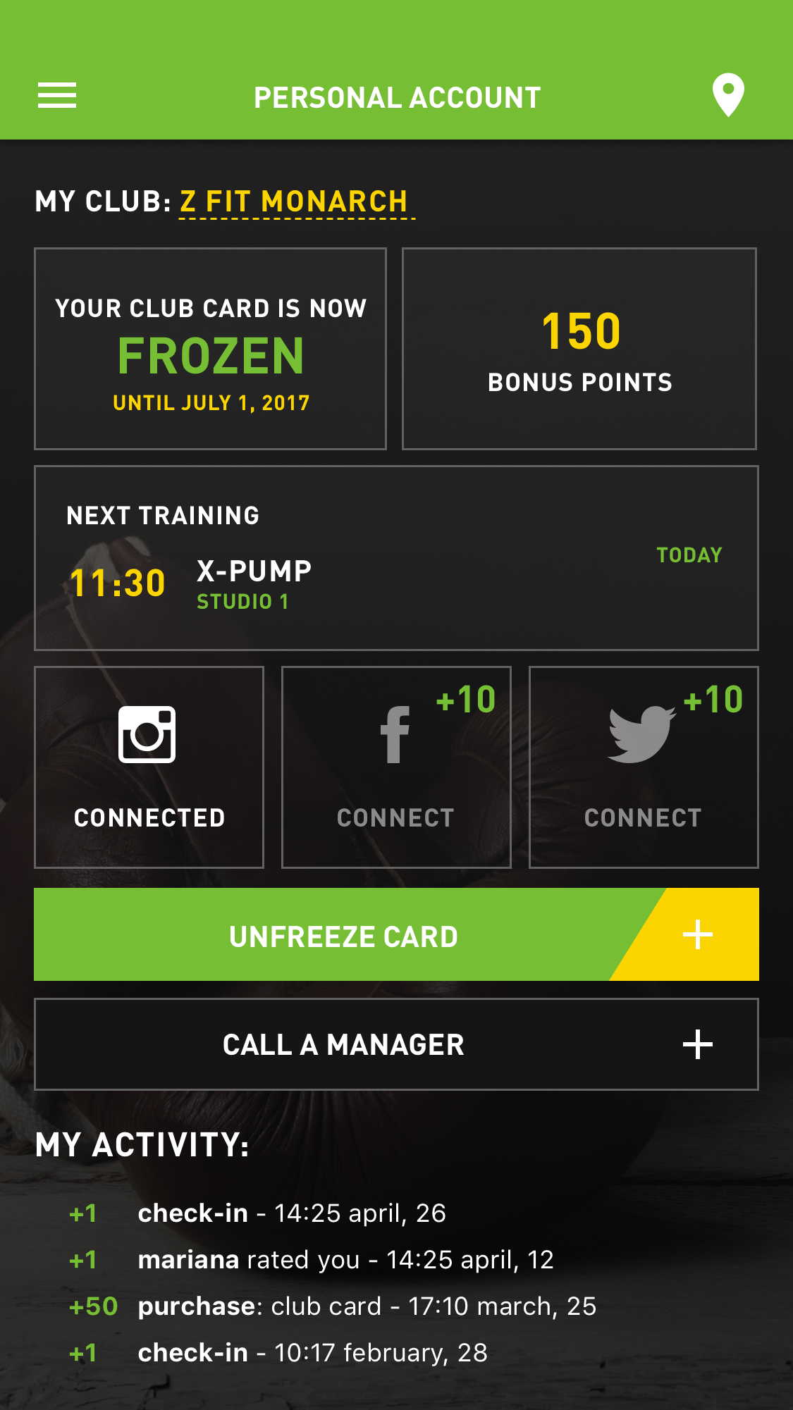 fitness card account club sketchapp free app green beapp activity