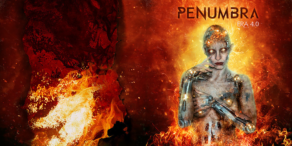 CD cover packaging design photomanipulation 3D surreal fantasy robot fire hell Booklet Layout Penumbra gothic industrial fierce