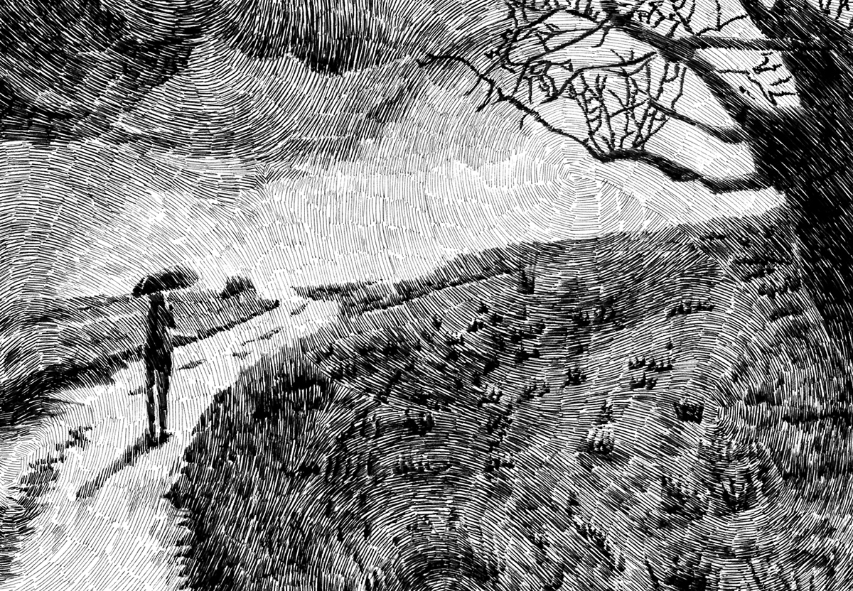rain ink paper black and white etching Tree  cloud path mobochrome Umbrella person people grass clouds