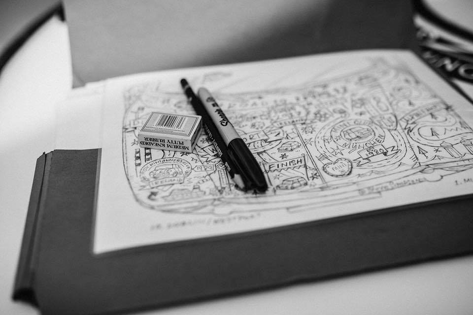 live drawing illustrated doodle car MINI road trip map Sharpies black and white sketching