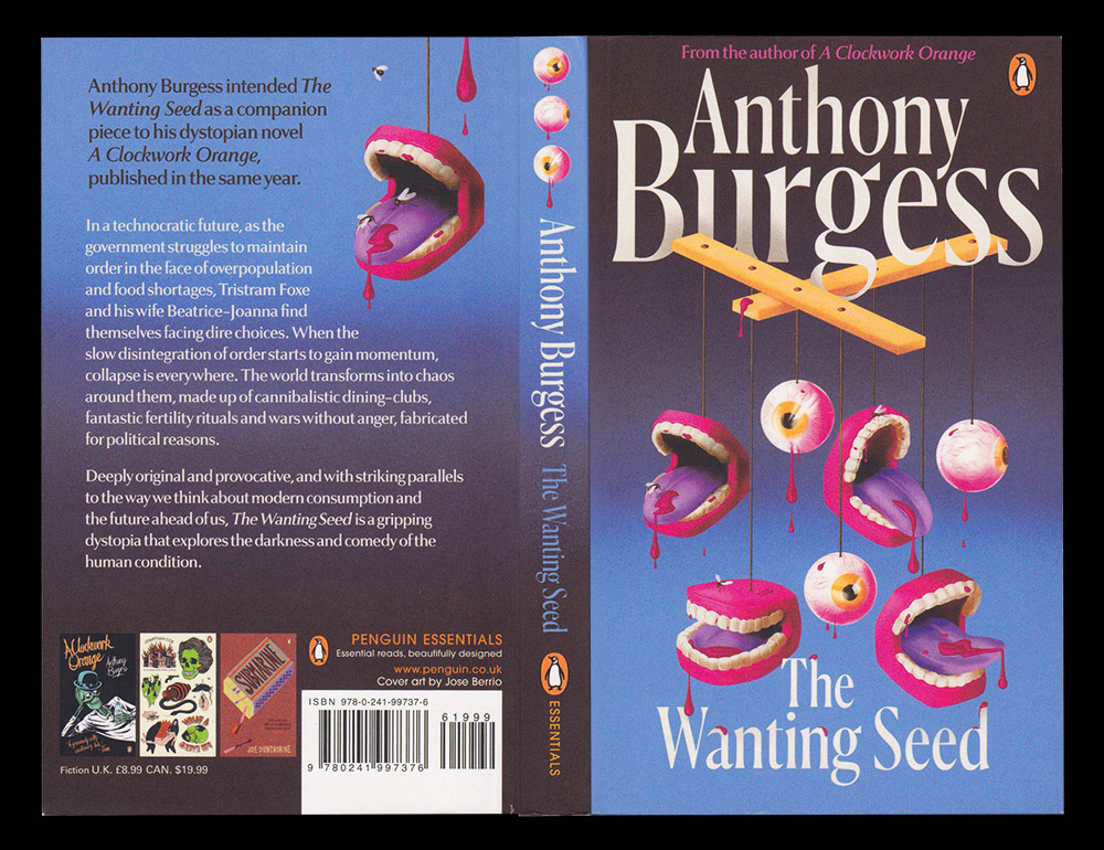 penguin books Dystopian anthony burgess a clockwork orange book cover airbrush puppets cannibalism overpopulation penguin classics