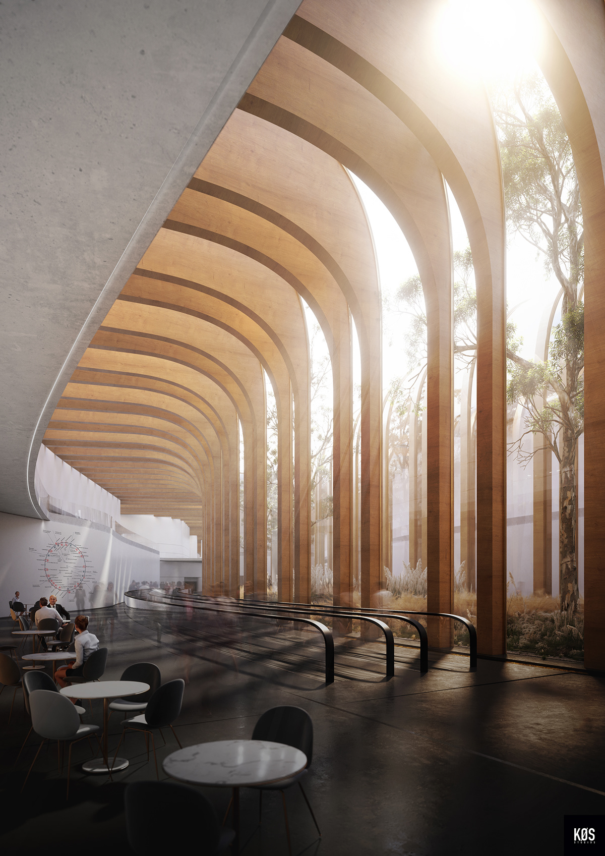 public space corona corona render  atmosphere mood fog grass glass wood architecture