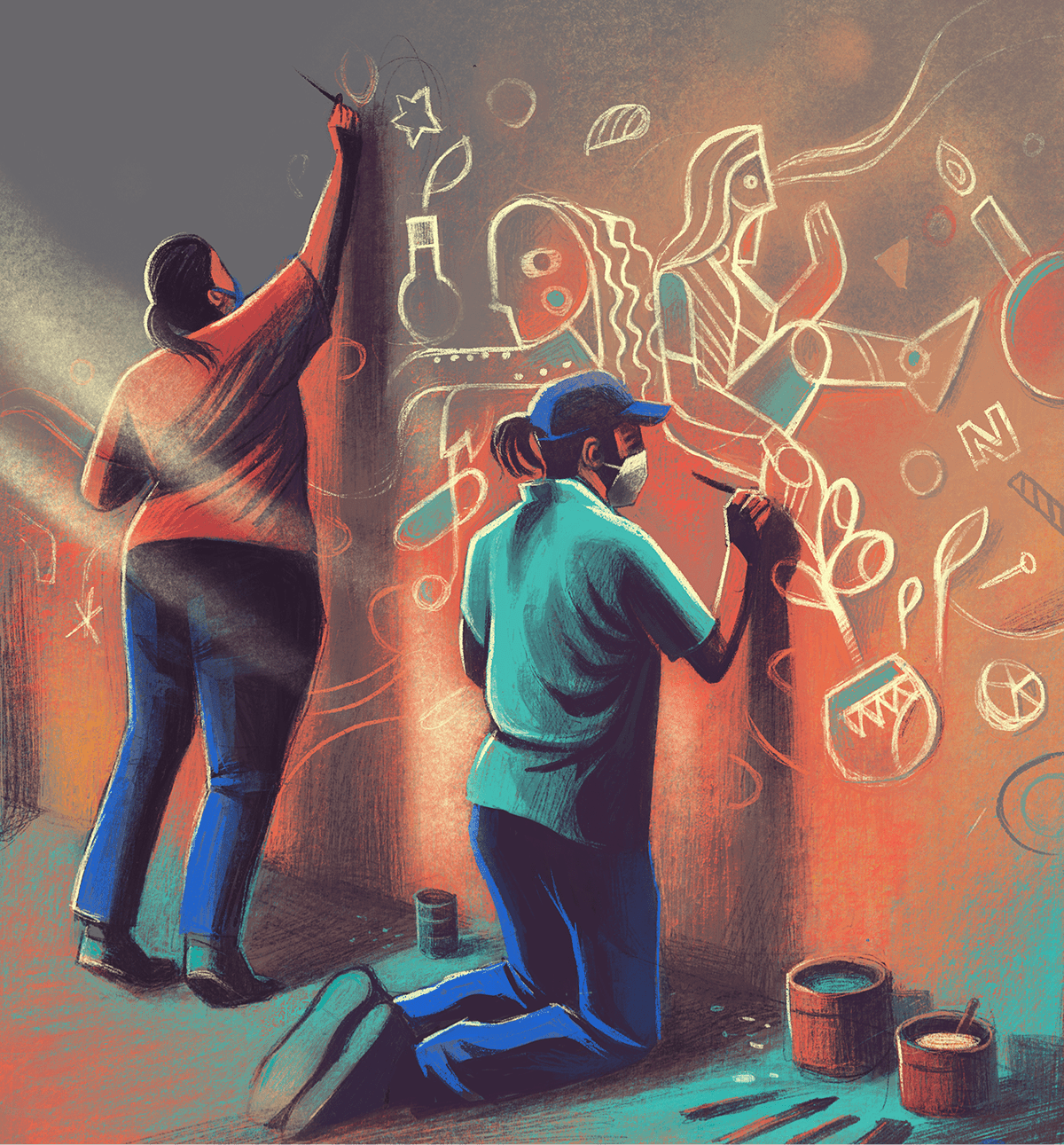 Enthusiastic youngsters quietly going about transforming some of the boring walls to a canvas bringing about change/awareness in the streets of Bangalore - illustration by ranganath krishnamani