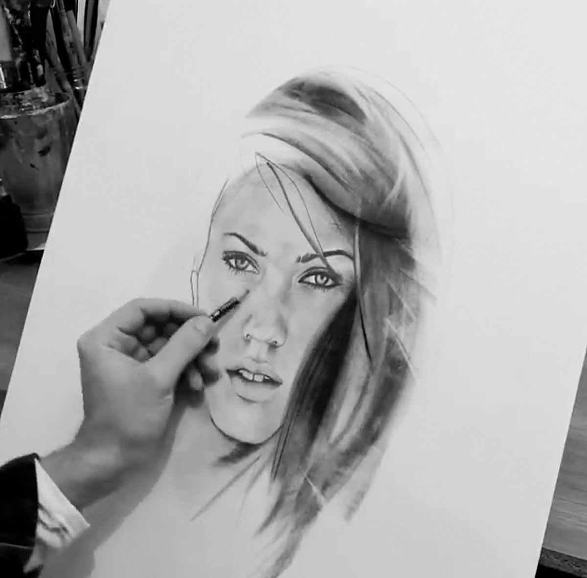 woman portrait charcoal Drawing  pencil draw beauty figurative cretive Realism