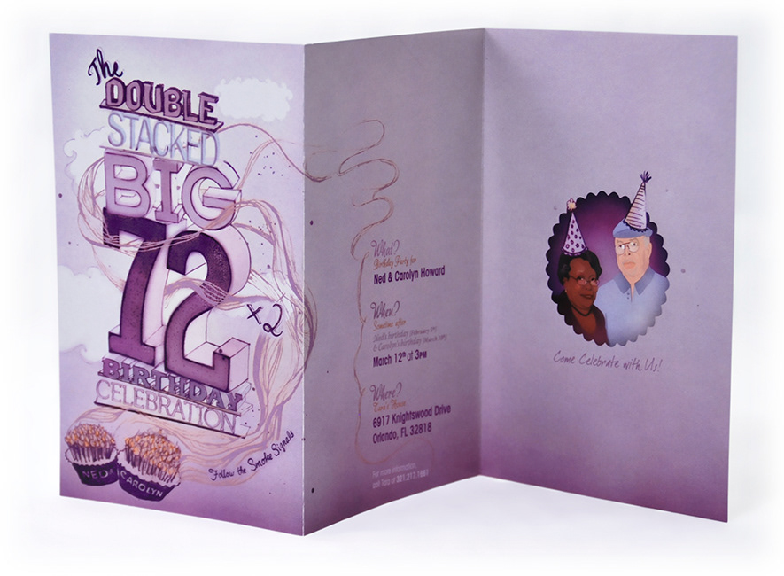 Invitation graphic 72 Lynise orlando print accordion fold Birthday seventy-two purple lettering number numbers invite lavender India ink cakes humor Character cartoon vector traditional digital