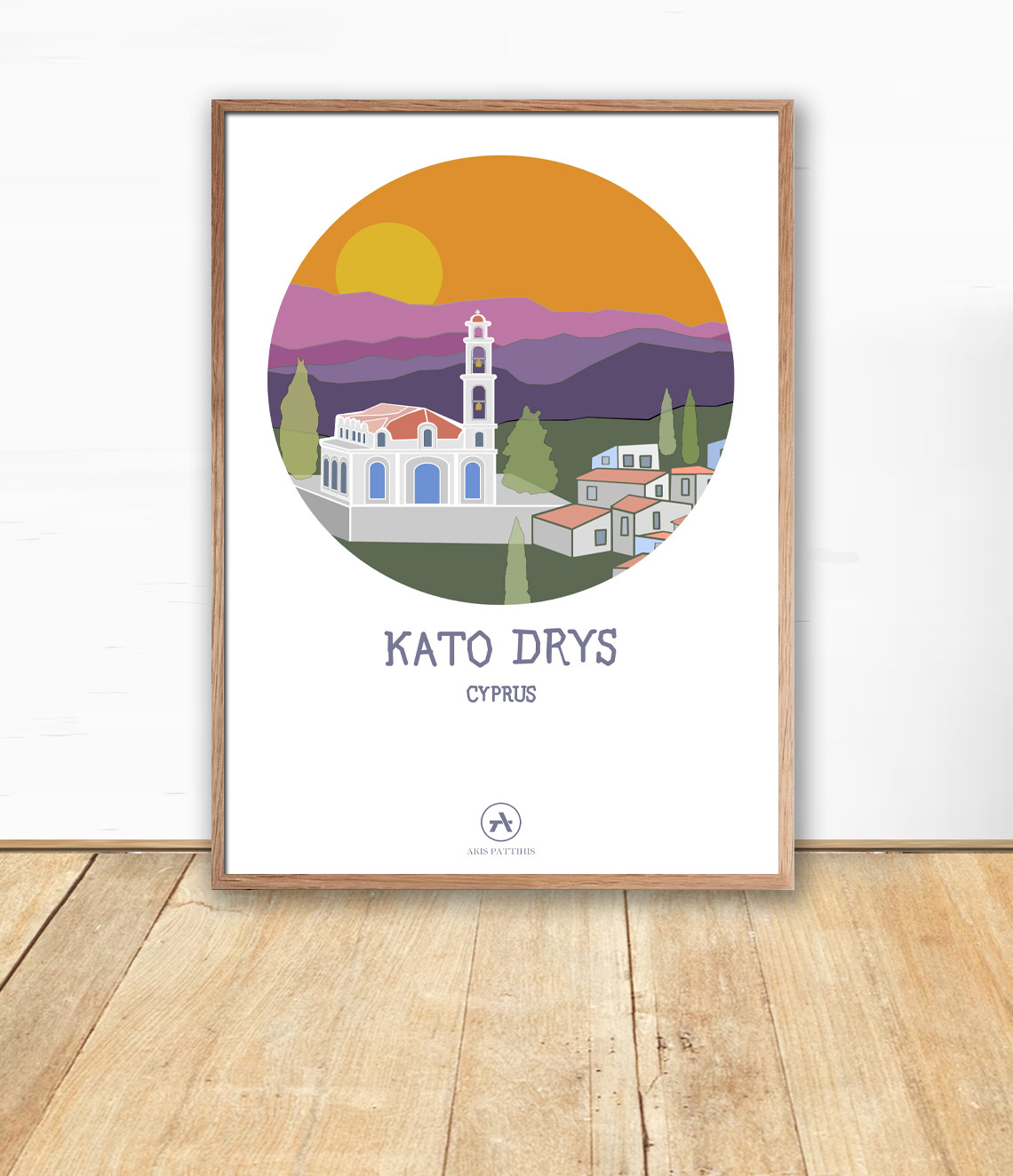 Illustration of the iconic Sunset view of Kato Drys Village in Cyprus and Agios Charalambos Church.