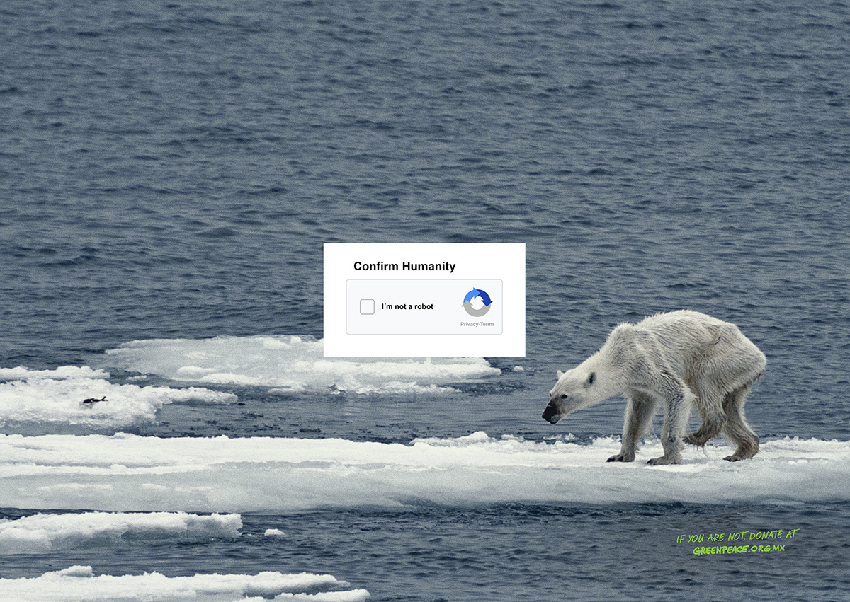 non-profit charity Greenpeace captcha polution bear bird Ocean plastic DDB
