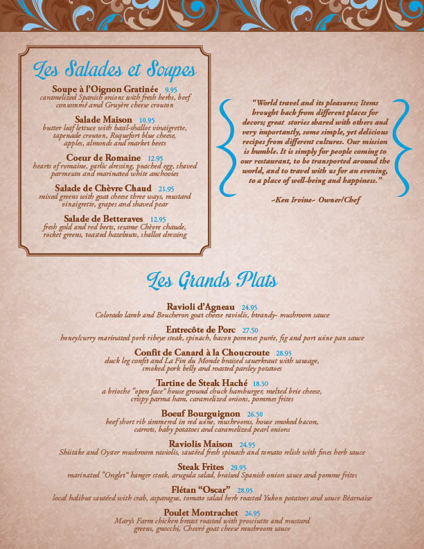 restaurant menu InDesign bleu boheme floral bohemian brown and blue French