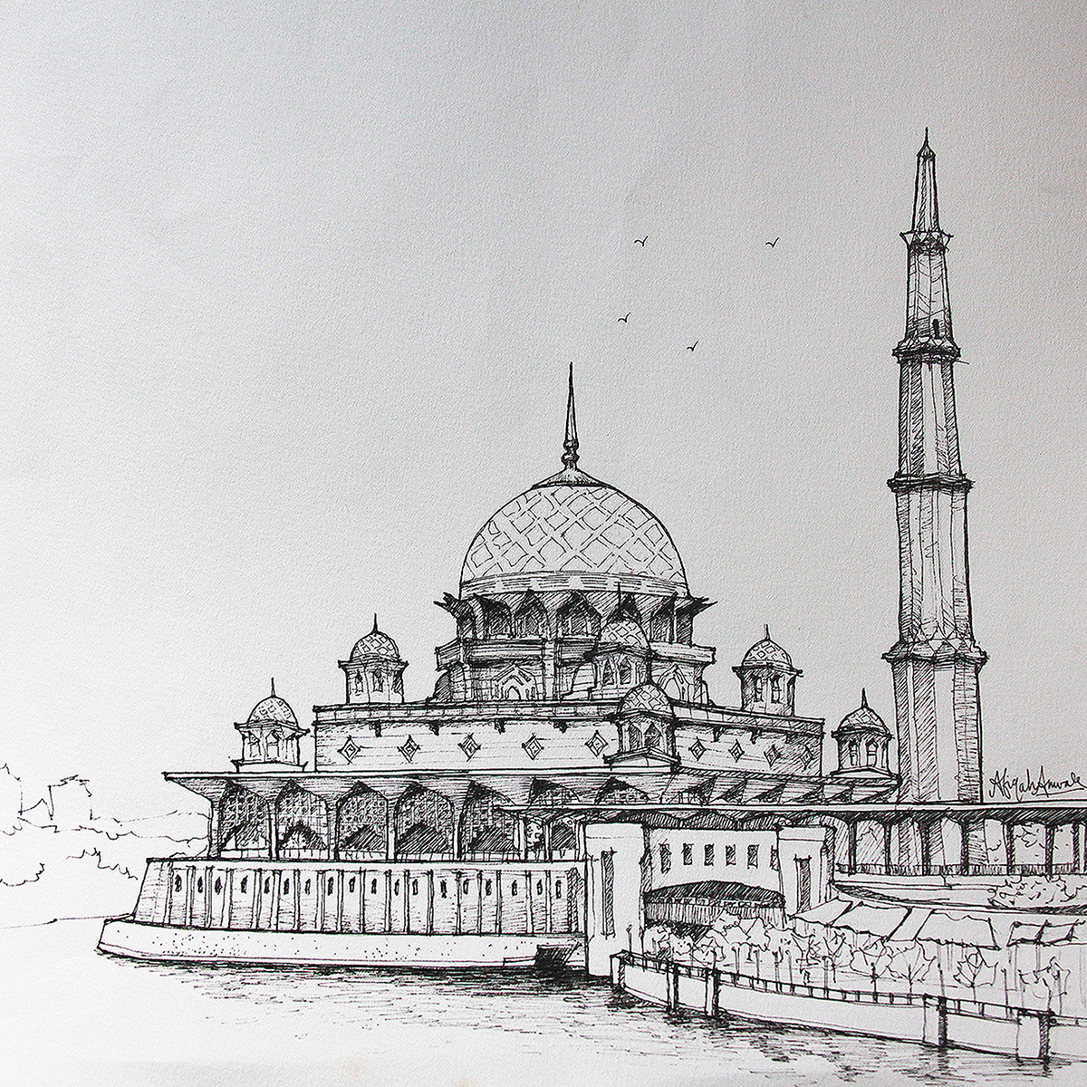 mosque masjid malaysia IIUM putrajaya sketches drawings sketch strawberry minaret abstract Paintings water colour