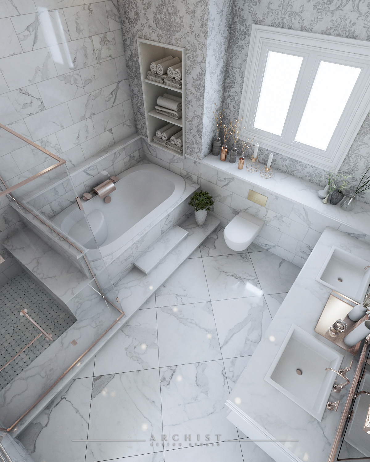 archist toilet luxury brand elegant bathroom White Marble grey wallpaper