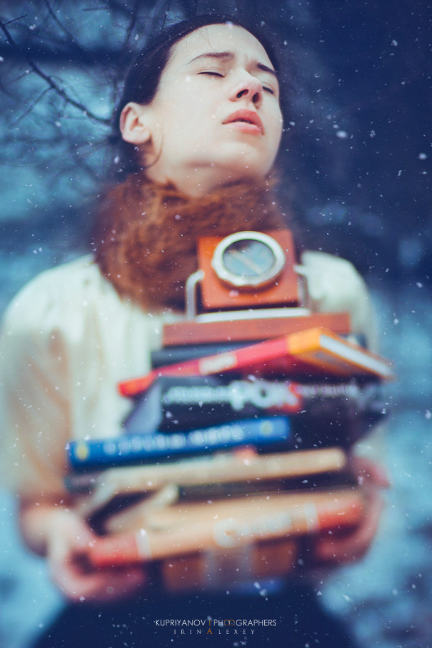 girl books winter snow frost