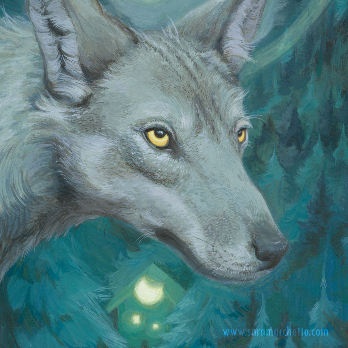 forest gouache wolf fine art painting   realistic moon animals night ILLUSTRATION 