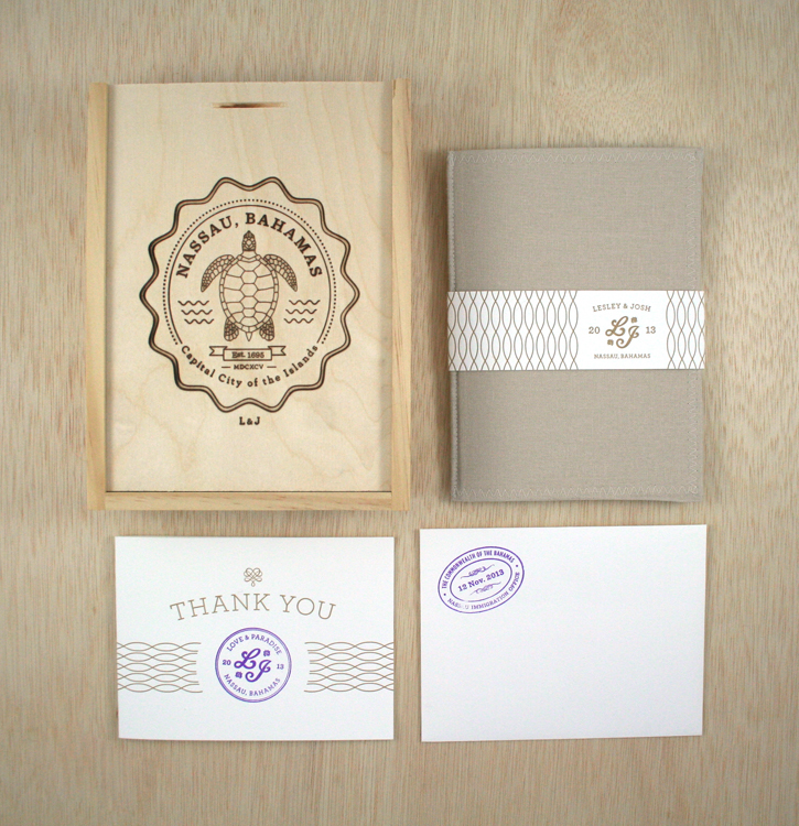letterpress Passport wedding Invitation Bahamas nassau Wooden box Pocketfolder