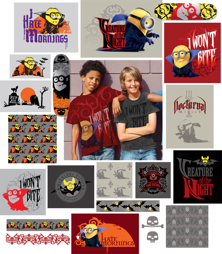 Adobe Portfolio Minions Movie licensing Style Guide licensing assets hand drawn HAND LETTERING font design icons vampire psychedelic 60's pirate pattern graphics kustom kult Dave Parmley