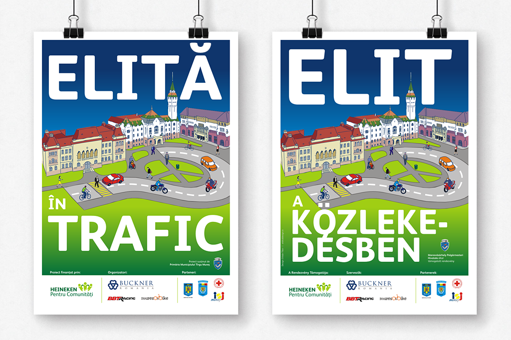 Elite traffic campaign responsible driving first aid poster roll up banner tshirt accident walker bycicle car motorcycle city road