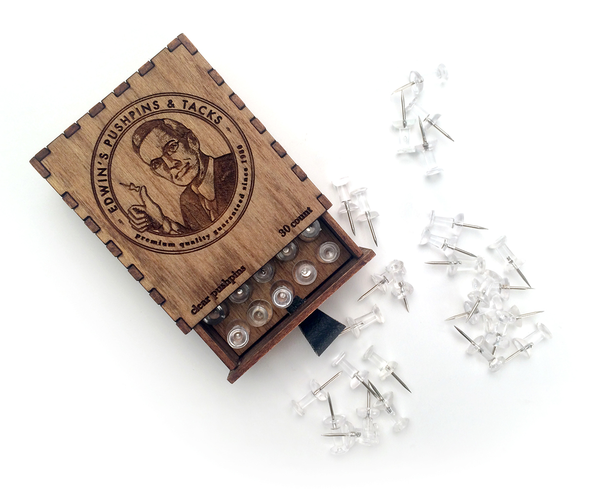 edwin moore pushpin tacks box Packaging laser cutter wood Moore pins Wooden box