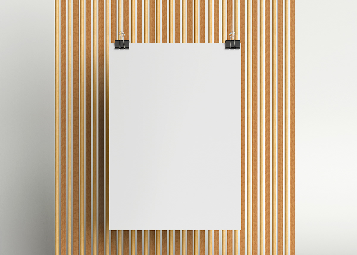 poster design Display hanging paper paper clip free mockup  psd mockup vertical Wooden backdrop