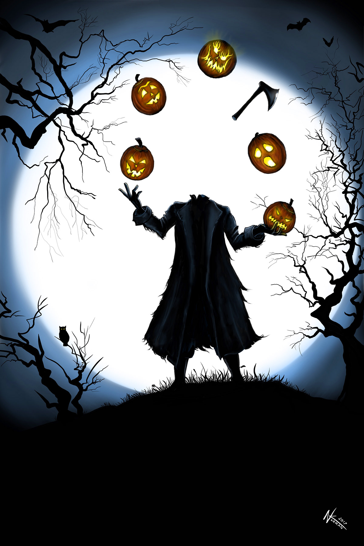 crane full moon Halloween Headless Horseman ichabod jack o'lantern pumpkin spooky