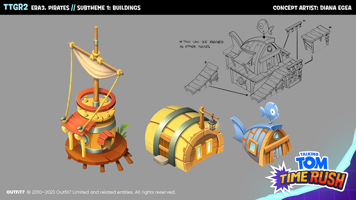 buildings cartoon concept art game Game Art outfit7 pirate Talking Tom Time Rush videogame