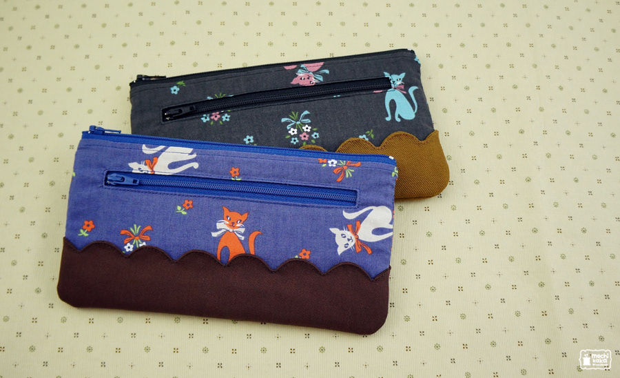 handmade WALLET long wallet zip wallet purse pouch Cat scalloped borders fabric