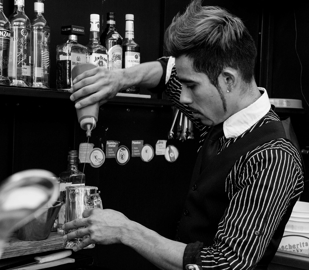 bartender bar b&w color photography flair driinks beer befeater