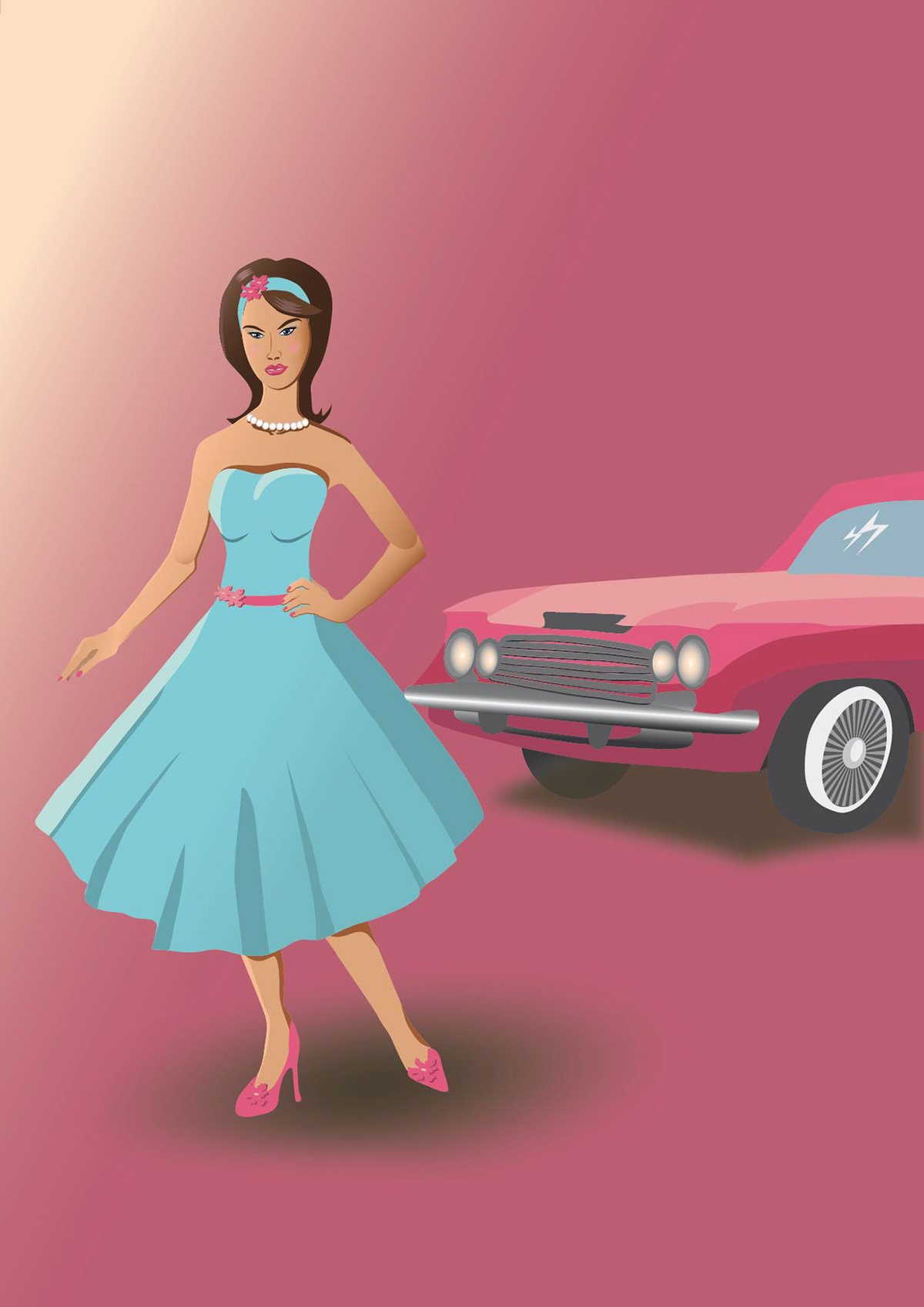 60th girl fuchsia color sky blue color old cars american cars