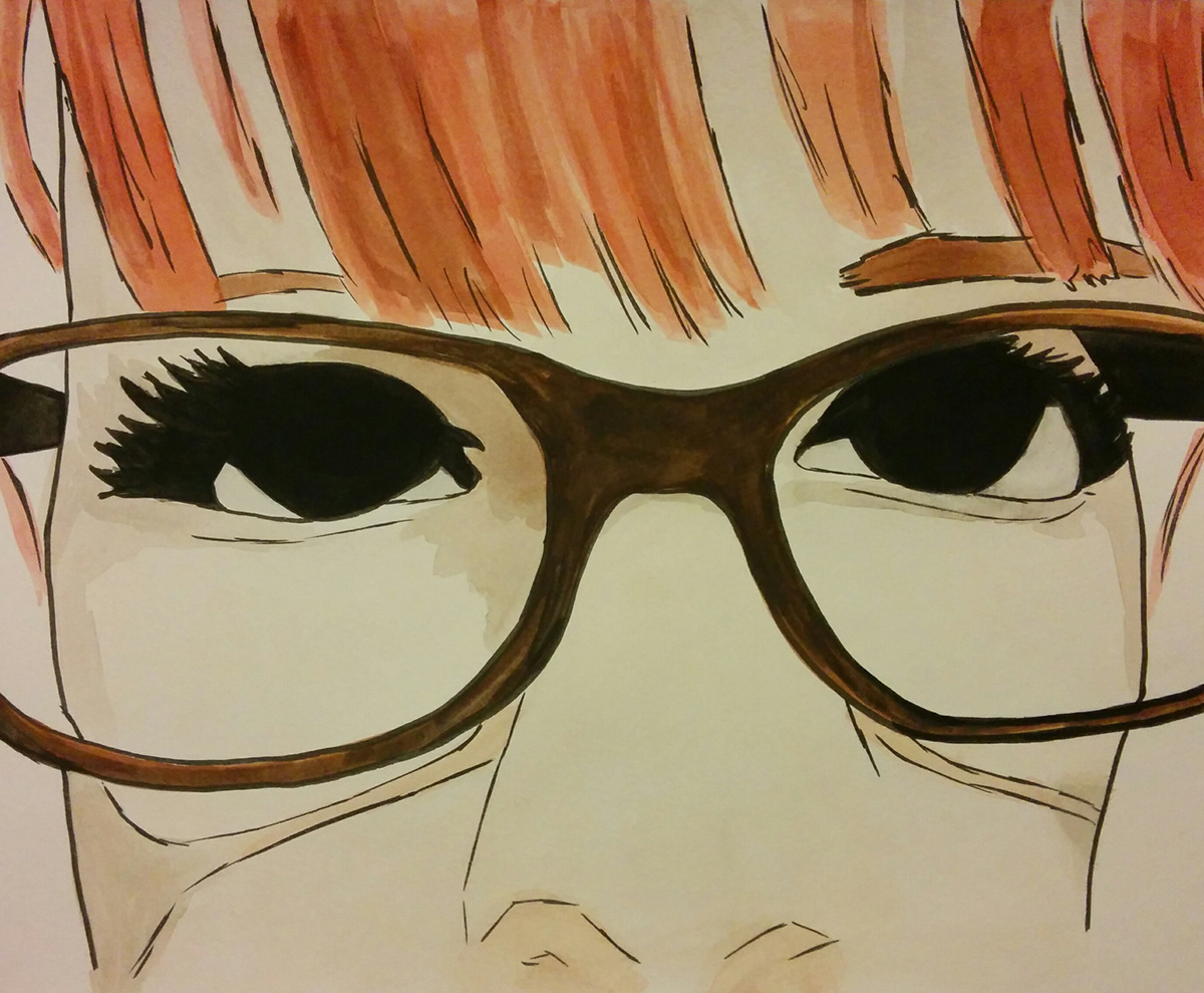 self portrait glasses red hair water color