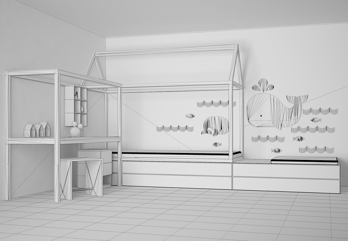 3D model child children bed desk decor Scandinavian minimal toy bedroom