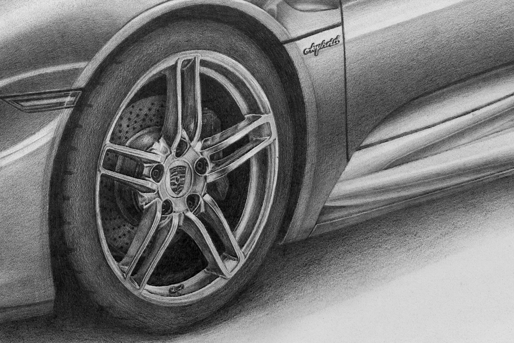 car Porsche penchil paint design graphic art precision relievo progress
