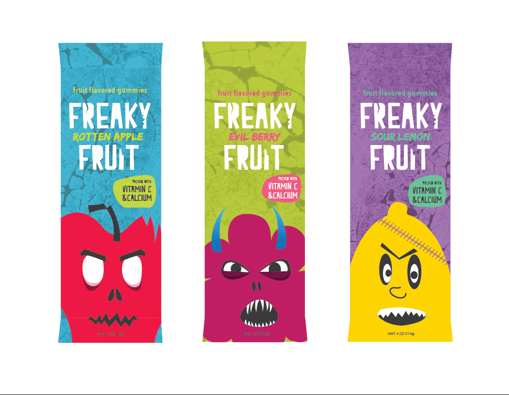 freaky Fruit snacks gummies Playful children vibrant Scary monsters texture nutritious berry apple lemon graphic