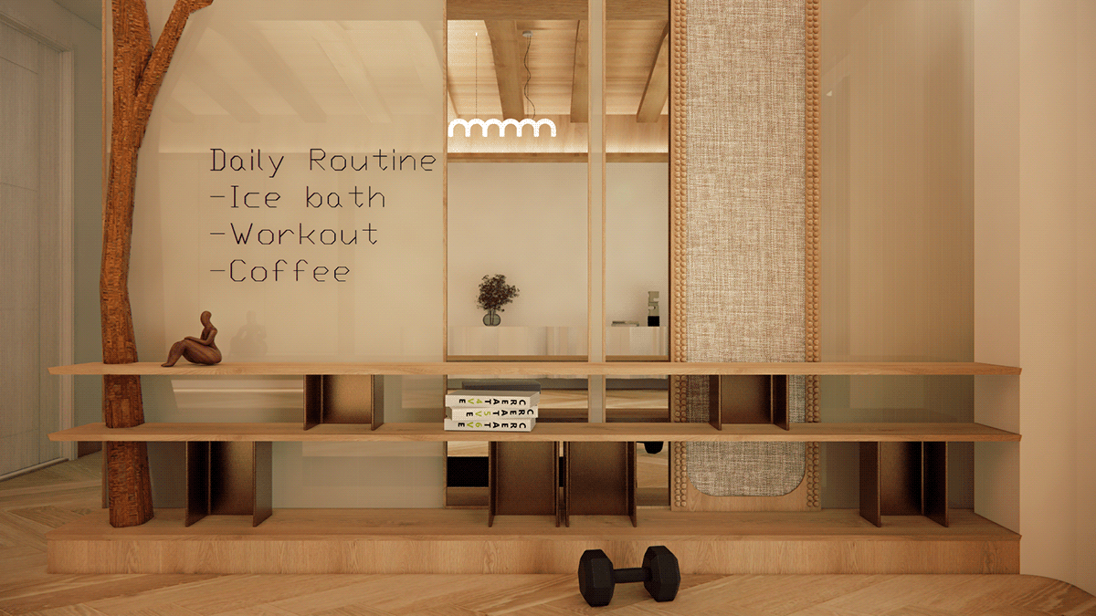 interior design  modern living room gym residential dining wooden furniture architecture 3d modeling design