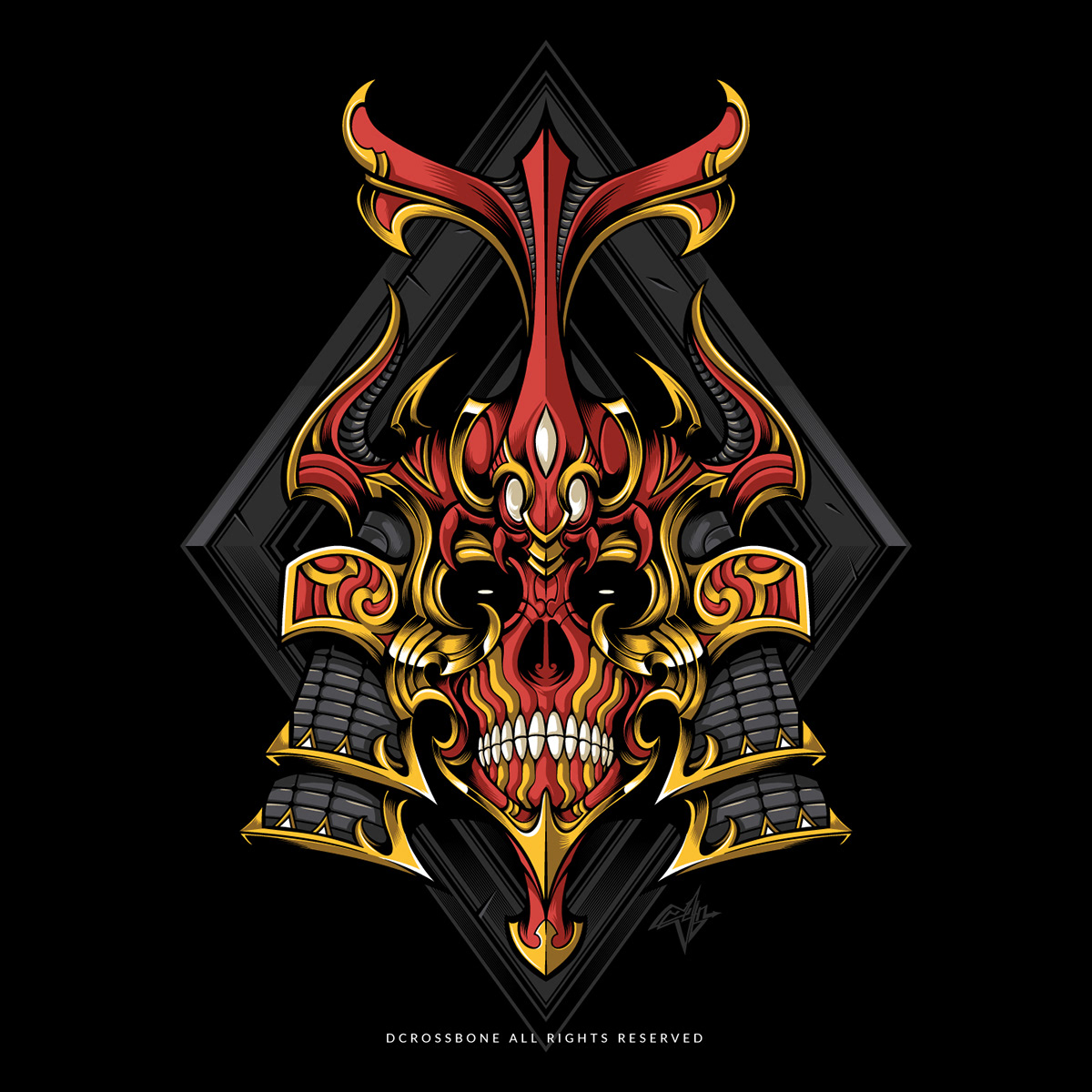 assassin dark demon gold Helmet ornament red samurai skull vector