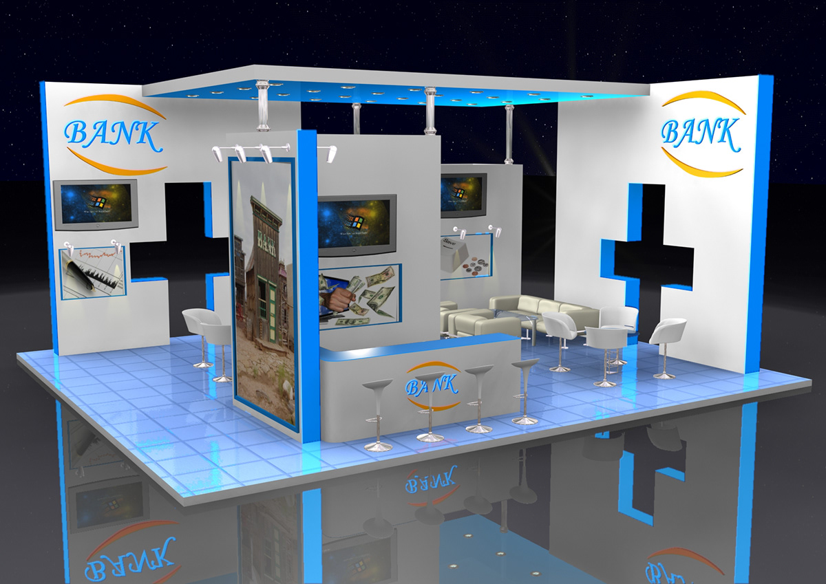 3D  exhibition stand 3d design Fabricatiion exhibit Bank Stand Office Design