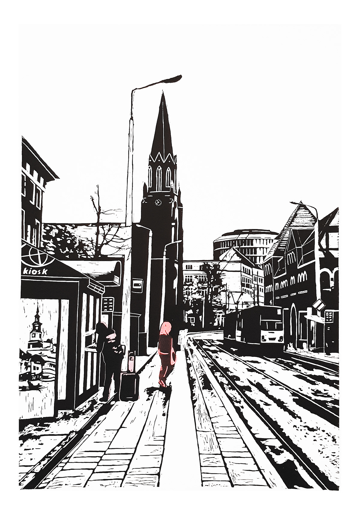 art lanscape city printmaking linocut view ILLUSTRATION  b&w poster Master