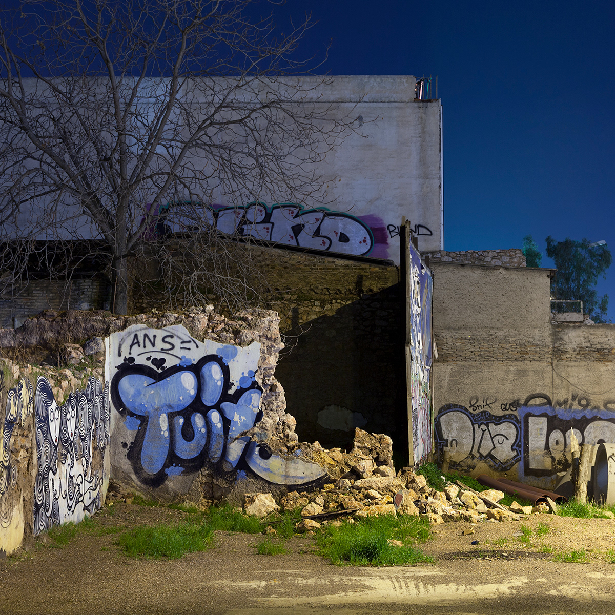 color Urban city Landscape night athens Abantoned ruins Graggiti pieces