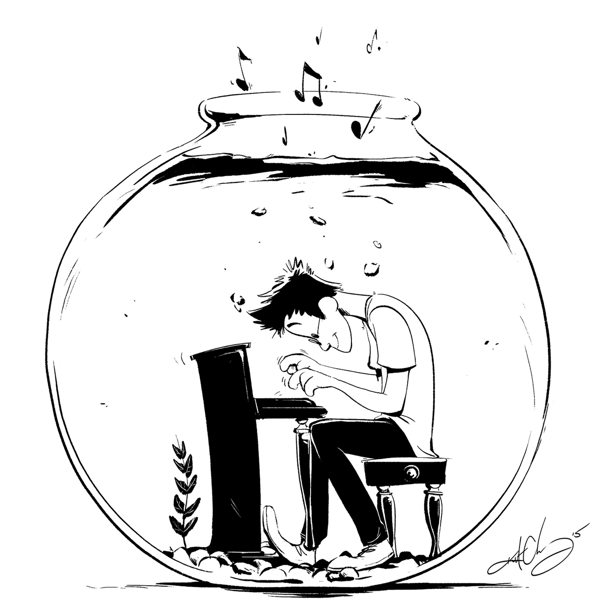 Logo Design cartoon Piano funny cute fishbowl sketch black & white music notes